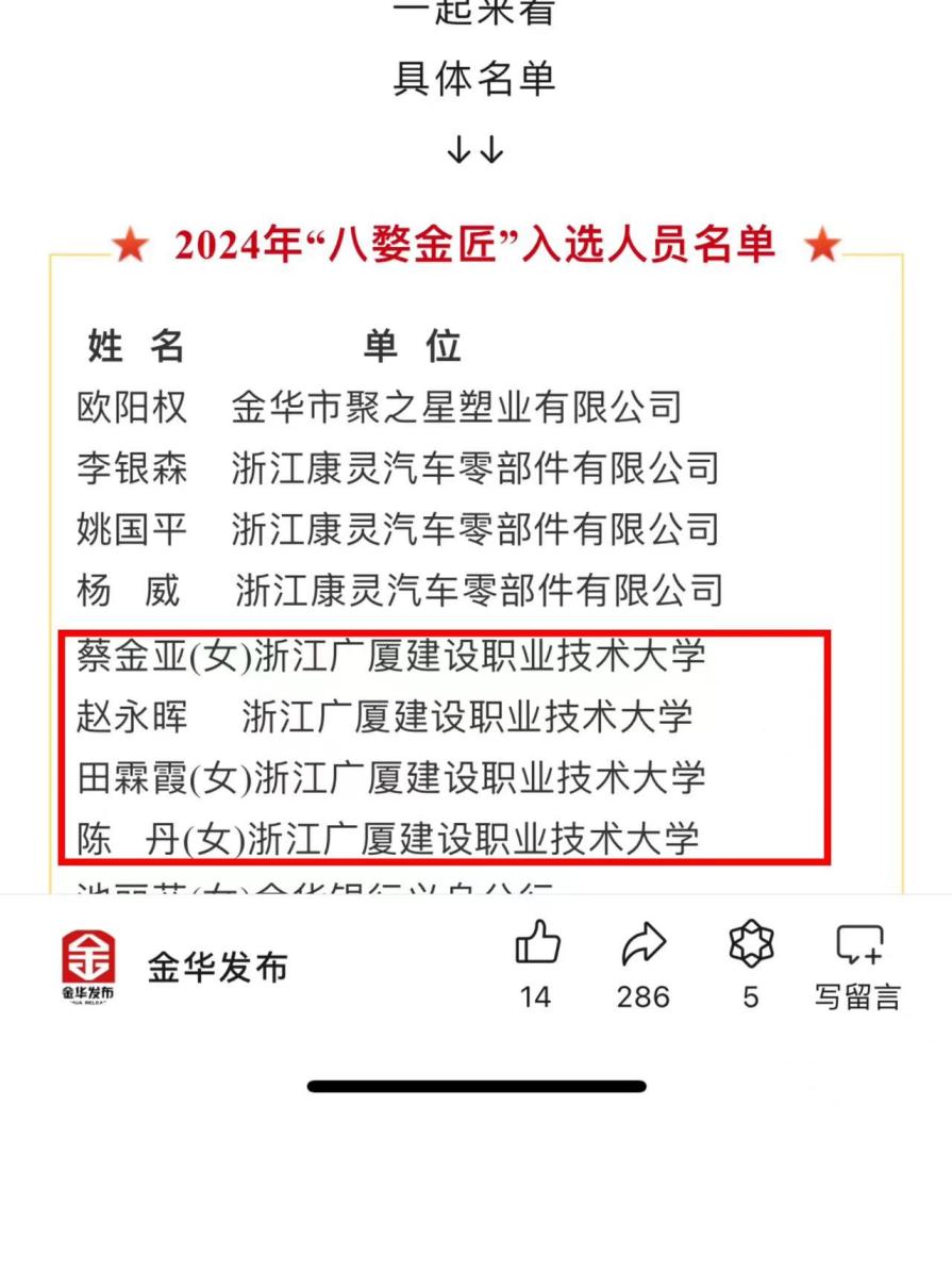 喜报！开云kaiyun官方入口四位教师荣获“八婺金匠”！